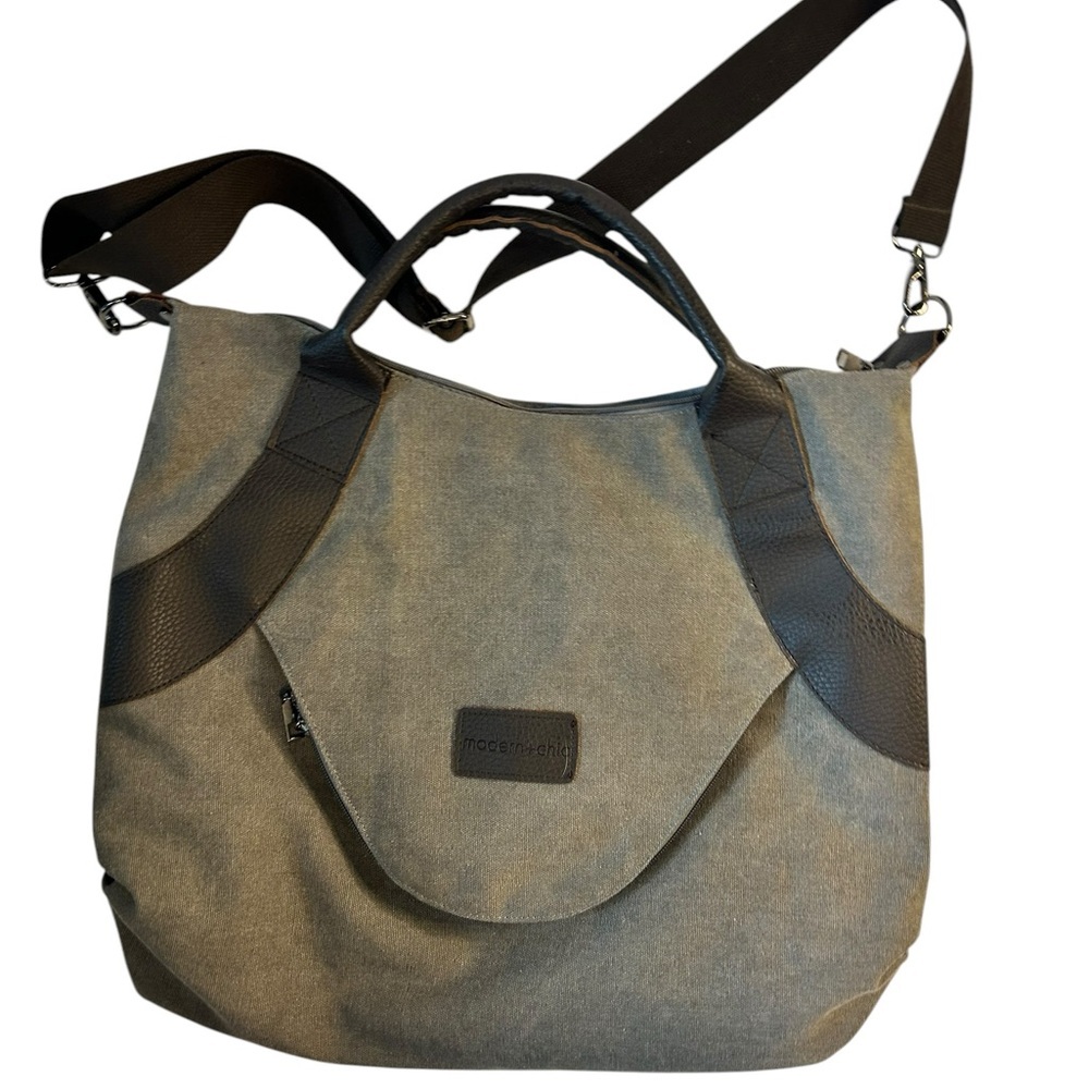 Modern Chic Gray Canvas Tote Crossbody Shoulder Bag Black Trim